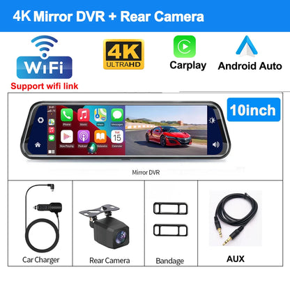 4K Rearview Mirror Carplay & Android Autowifi Video Recorder 10/12Inch Dash Cam for Car DVR GPS Navigation Reversing Camera